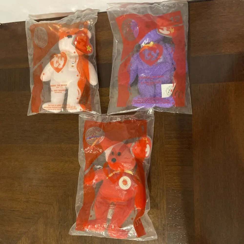 3 McDonald’s 2004 TY Beanie Babies 25th Shake Happy Meal Grimace Bears 1 8 12